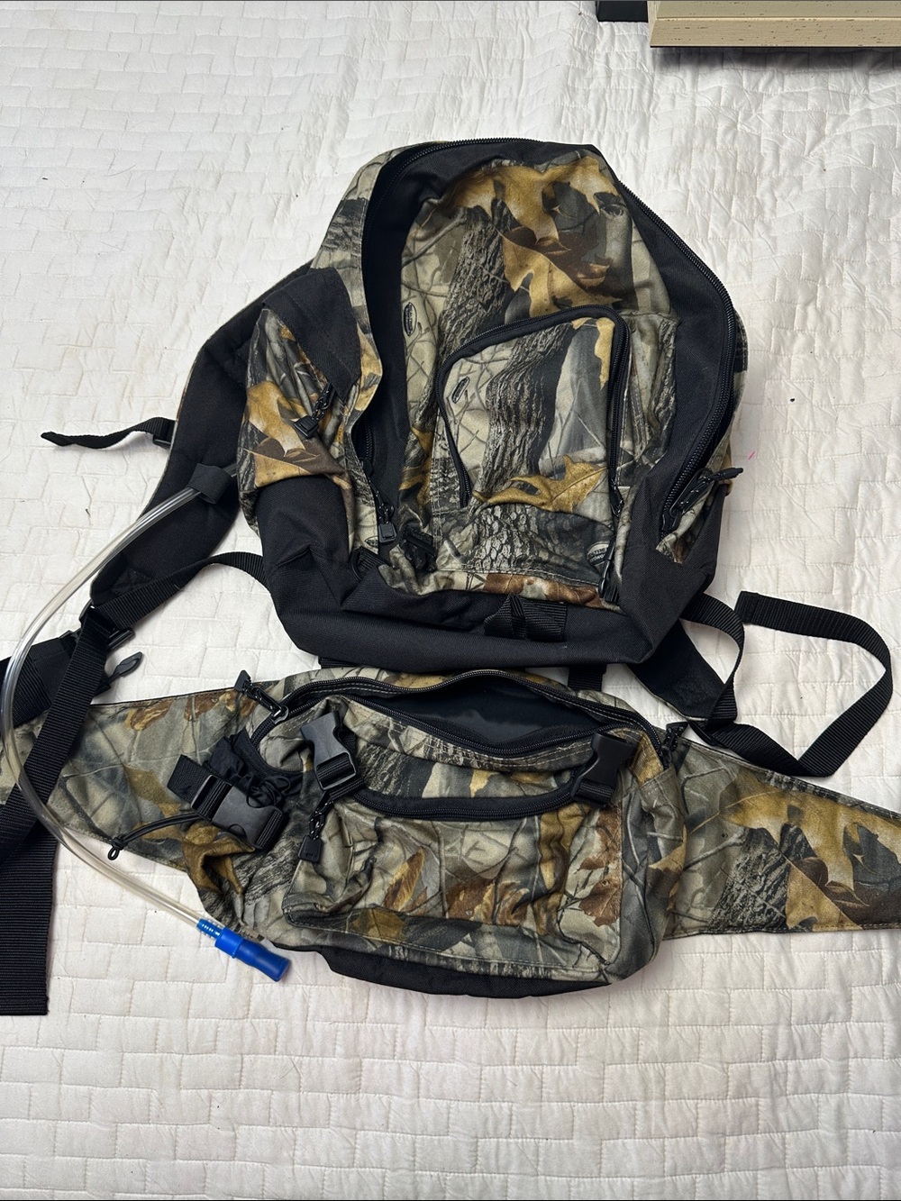 Realtree Camo Hydration Backpack with Matching Waist Pack in Green Brown Tan